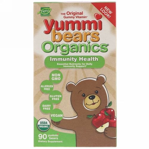 Hero Nutritional Products, ヤミーベアーズオーガニックス、免疫の健康、りんご風味、ヤミーベアー90個 (Discontinued Item)