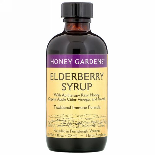 Honey Gardens, アピテラピー生はちみつ入りエルダーベリーシロップ、プロポリスとエルダーベリー、4 fl oz (120 ml)
