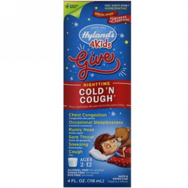 Hyland's, 子供の風邪と夜間の咳に（4 Kids Cold 'n Cough Nighttime）, 2-12歳, 4液量オンス（118 ml） (Discontinued Item)