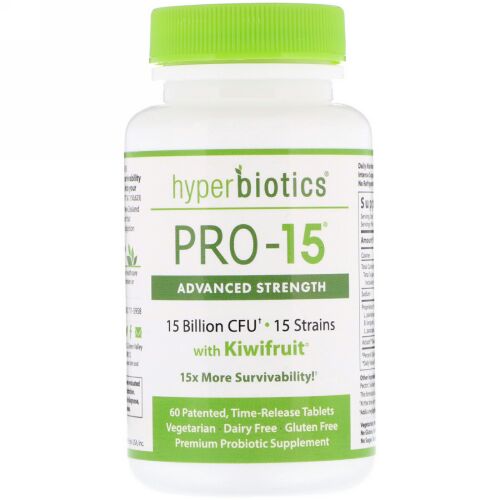Hyperbiotics, PRO-15、キウイフルーツ配合アドバンスドストレングス、特許取得済徐放性タブレット60錠