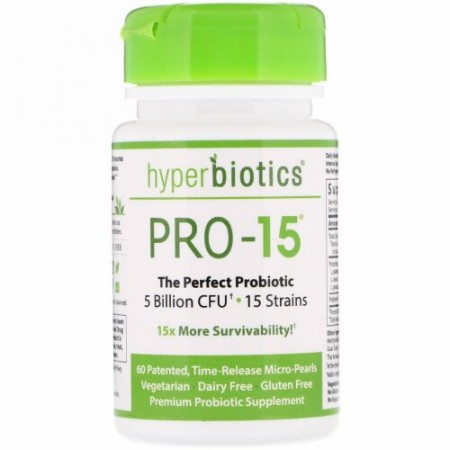 Hyperbiotics, プロ-15、パーフェクトなプロバイオティクス、50億CFU、60の特許、徐放性錠剤