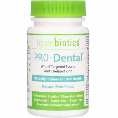 Hyperbiotics, PRO-Dental（プロデンタル）、天然ミント味、特許取得済みLiveBacチュアブルタブレット45粒