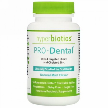 Hyperbiotics, PRO-Dental（プロデンタル）、天然ミント味、チュアブルタブレット90粒
