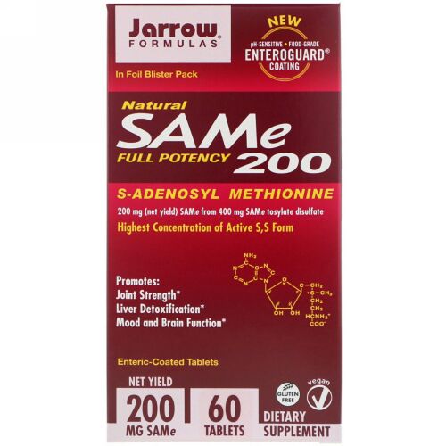 Jarrow Formulas, 天然SAM-e（S-アデノシルメチオニン）200、200mg、腸溶性カプセル60個