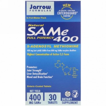 Jarrow Formulas, ジャローフォーミュラ, 天然 SAM-e (S-Adenosyl-L-Methionine) 400、400 mg、30腸溶錠