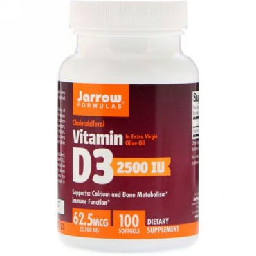 Jarrow Formulas, ビタミンD3、コレカルシフェロール、2,500 IU、ソフトジェル100錠