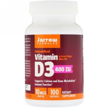 Jarrow Formulas, ビタミン D3、 コレカルシフェロール、 400 IU、 100ソフトジェル