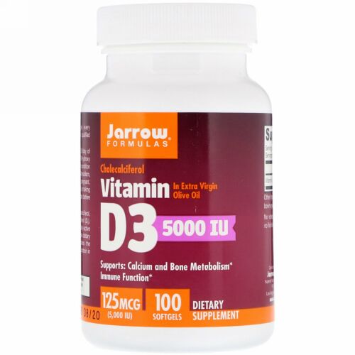 Jarrow Formulas, ビタミンD3、コレカルシフェロール、5,000 IU、ソフトジェル100錠