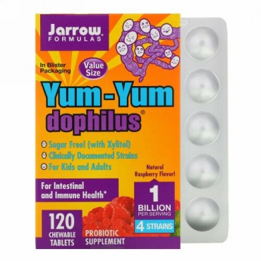 Jarrow Formulas, ヤムヤムドフィルス、砂糖不使用、天然ラズベリー味、チューイングタブレット 120 錠 (Ice)