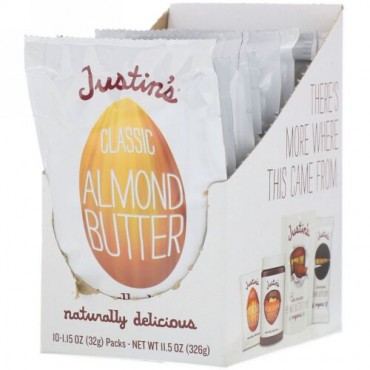 Justin's Nut Butter, クラシック・アーモンドバター, 全天然, スクイーズパック 10ヶ, 1パックあたり、1.15 オンス (32 g) (Discontinued Item)