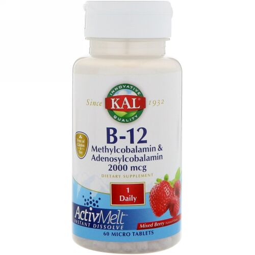 KAL, B-12メチルコバラミン＆アデノシルコバラミン、ActivMelt（アクティブメルト）、ミックスベリー、2000mcg、マイクロタブレット60粒