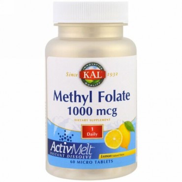 KAL, メチル葉酸塩, レモン, 1000 mcg, 極小錠剤60錠 (Discontinued Item)