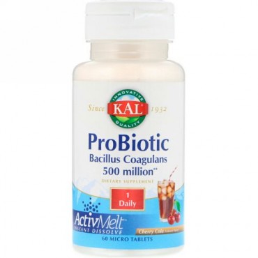 KAL, Probiotic Bacillus Coagulans ActivMelt, Cherry Cola, 500 million, 60 Micro Tablets (Discontinued Item)