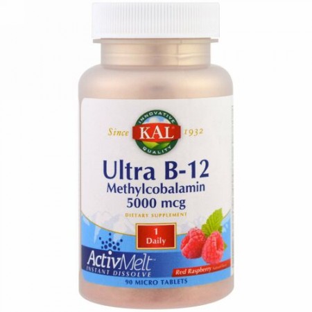 KAL, ウルトラB-12 メチルコバラミン, レッドラズベリー, 5000 mcg, 極小錠剤90錠 (Discontinued Item)