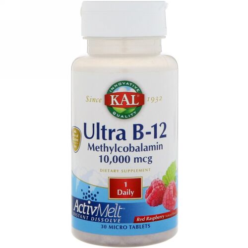 KAL, ウルトラB12メチルコバラミン・アクティブメルト、ラズベリー味、10,000mcg、30錠 (Discontinued Item)