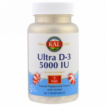 KAL, ウルトラD-3、キシリトール入り天然ペパーミント風味、5000IU、60チュアブル錠 (Discontinued Item)