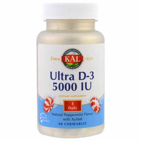 KAL, ウルトラD-3、キシリトール入り天然ペパーミント風味、5000IU、60チュアブル錠 (Discontinued Item)