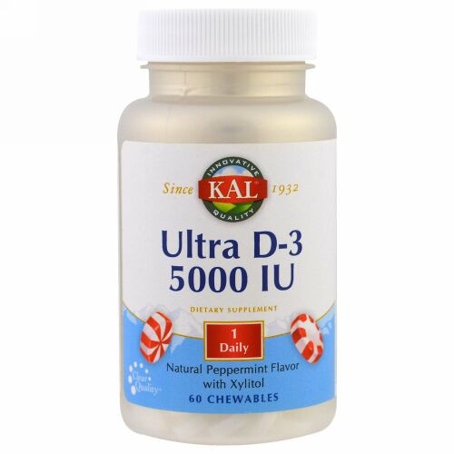 KAL, ウルトラD-3、キシリトール入り天然ペパーミント風味、5000IU、60チュアブル錠 (Discontinued Item)