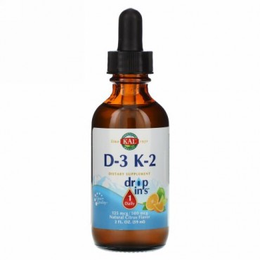KAL, ビタミンD-3 K-2 ドロップ Ins、ナチュラルシトラス風味、2液量オンス (59 ml)