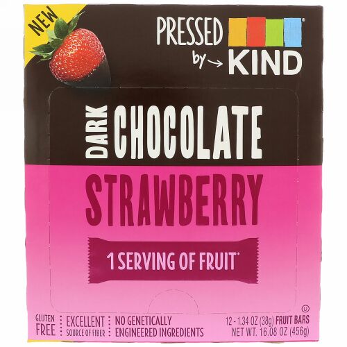 KIND Bars, Pressed by KIND, Dark Chocolate Strawberry, 12  Fruit Bars, 1.34 oz (38 g) Each (Discontinued Item)