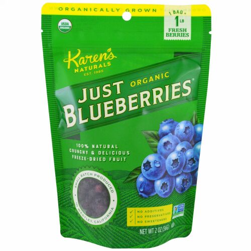 Karen's Naturals, オーガニック・ジャスト・ブルーベリーズ, 冷凍ドライフルーツ, 2 オンス (56 g)