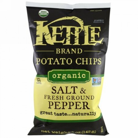 Kettle Foods, オーガニックポテトチップ、塩、フレッシュグラウンドペッパー、5 oz (142 g)