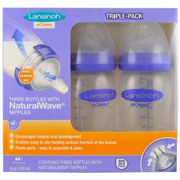 Lansinoh, ナチュラルウェーブニップルボトル、中流量、3ボトル、各8オンス (240 ml)