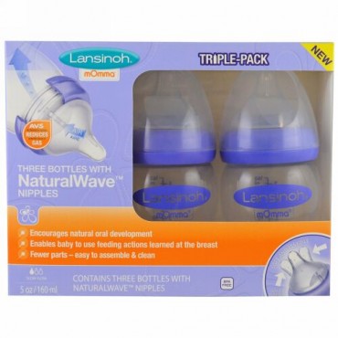 Lansinoh, ナチュラルウェーブニップルボトル、低流量、3ボトル、各5オンス (160 ml)