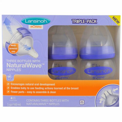 Lansinoh, ナチュラルウェーブニップルボトル、低流量、3ボトル、各5オンス (160 ml)
