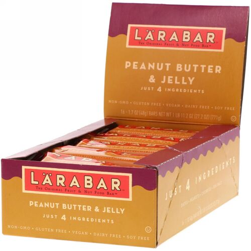 Larabar, The Original Fruit & Nut Food Bar, Peanut Butter & Jelly, 16 Bars, 1.7 oz (48 g) Each