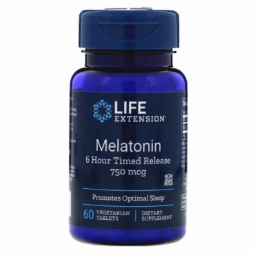 Life Extension, メラトニン、6時間持続放出、750mcg、植物性タブレット60粒