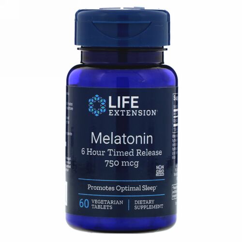 Life Extension, メラトニン、6時間持続放出、750mcg、植物性タブレット60粒