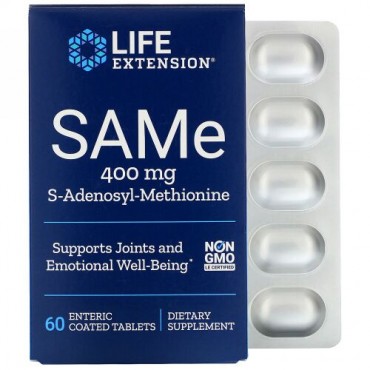 Life Extension, SAMe、S-アデノシル-メチオニン、400 mg、腸溶性コーティングタブレット60粒