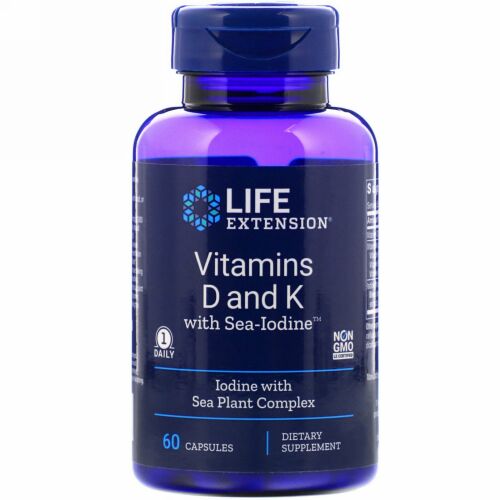 Life Extension, ビタミンD、ビタミンK、海ヨウ素、カプセル60粒