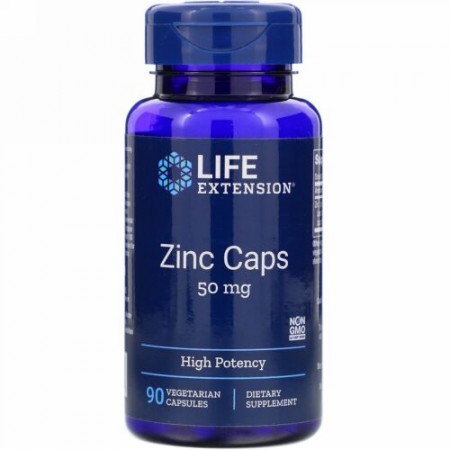 Life Extension, 亜鉛キャップ, 高効力, 50 mg, 90粒（ベジタリアンカプセル）