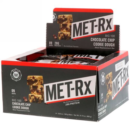 MET-Rx, ビッグ100、1食分のサプリメントバー、チョコチップ生クッキー、9本、各100g (Discontinued Item)