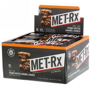 MET-Rx, Big 100, Meal Replacement Bar, Peanut Butter Caramel Crunch, 9 Bars, 3.52 oz (100 g) Each