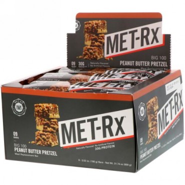 MET-Rx, ビッグ100、1食分のサプリメントバー、ピーナッツバタープレッツェル、9本、各100g
