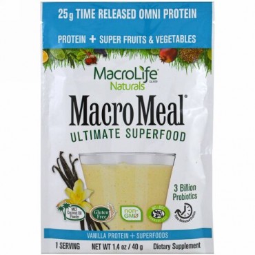 Macrolife Naturals, マクロミール・究極のスーパーフード、バニラプロテイン + スーパーフード、1.4 oz (40 g) (Discontinued Item)