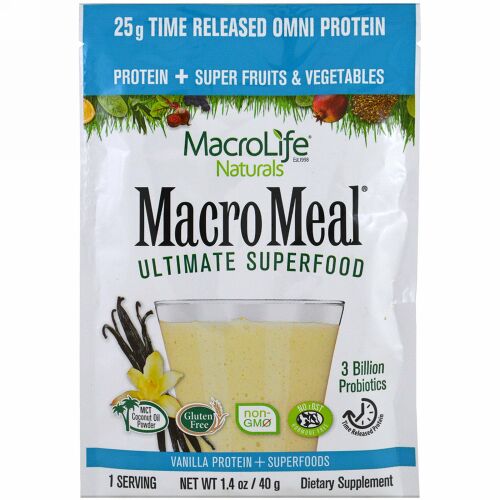 Macrolife Naturals, マクロミール・究極のスーパーフード、バニラプロテイン + スーパーフード、1.4 oz (40 g) (Discontinued Item)
