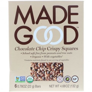 MadeGood, クリスピースクエア、チョコレートチップ、6本、各0.78 oz (22 g) (Discontinued Item)