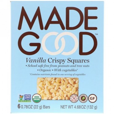 MadeGood, オーガニック、クリスピースクエア、バニラ、6本、22g（0.78 oz） (Discontinued Item)