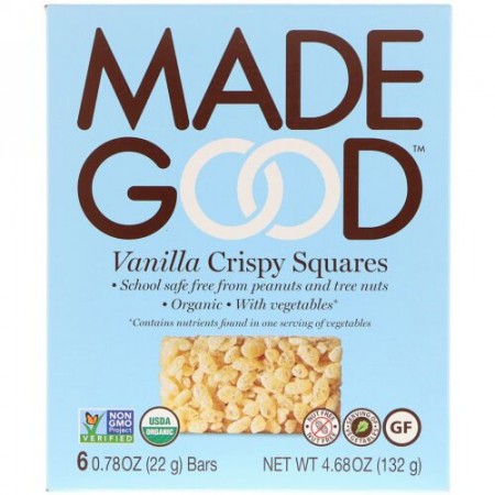 MadeGood, オーガニック、クリスピースクエア、バニラ、6本、22g（0.78 oz） (Discontinued Item)