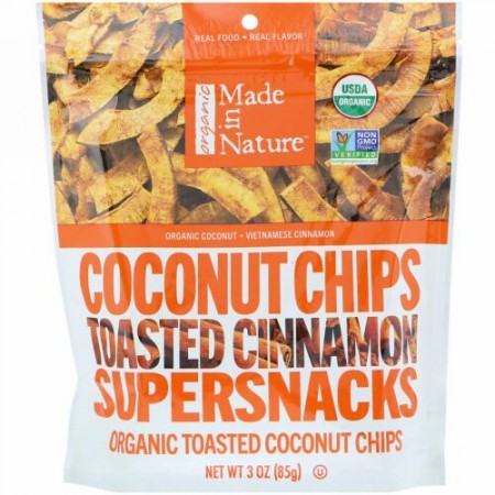 Made in Nature, オーガニックココナッツチップス、トーストシナモンスーパースナック、85 g（3 oz）