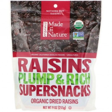 Made in Nature, オーガニック、レーズン、ふっくらでリッチなスーパースナック、9 oz (255 g)