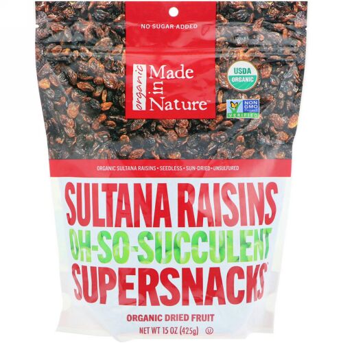 Made in Nature, オーガニックスルタナレーズン、Oh-So-Succulent Supersnacks、15 oz (425 g) (Discontinued Item)