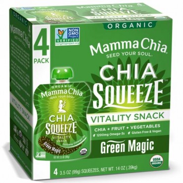 Mamma Chia, オーガニックチアスクイーズ, バイタリティースナック, グリーンマジック, 4ポーチ, 各3.5オンス（99 g） (Discontinued Item)