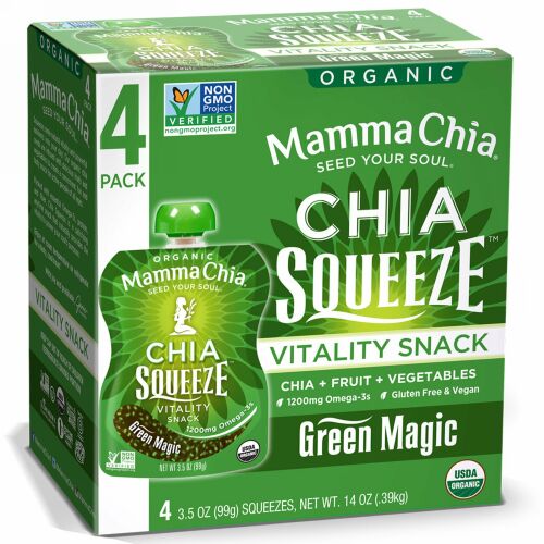 Mamma Chia, オーガニックチアスクイーズ, バイタリティースナック, グリーンマジック, 4ポーチ, 各3.5オンス（99 g） (Discontinued Item)