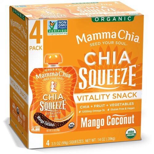 Mamma Chia, チーアスクイーズ, バイタリティスナック, マンゴーココナッツ, 4袋, 各3.5オンス (99 g) Each (Discontinued Item)