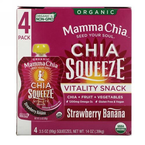Mamma Chia, オーガニックチアスクイーズ, バイタリティースナック, イチゴ バナナ, 4スクイーズ, 各3.5オンス（99 g）